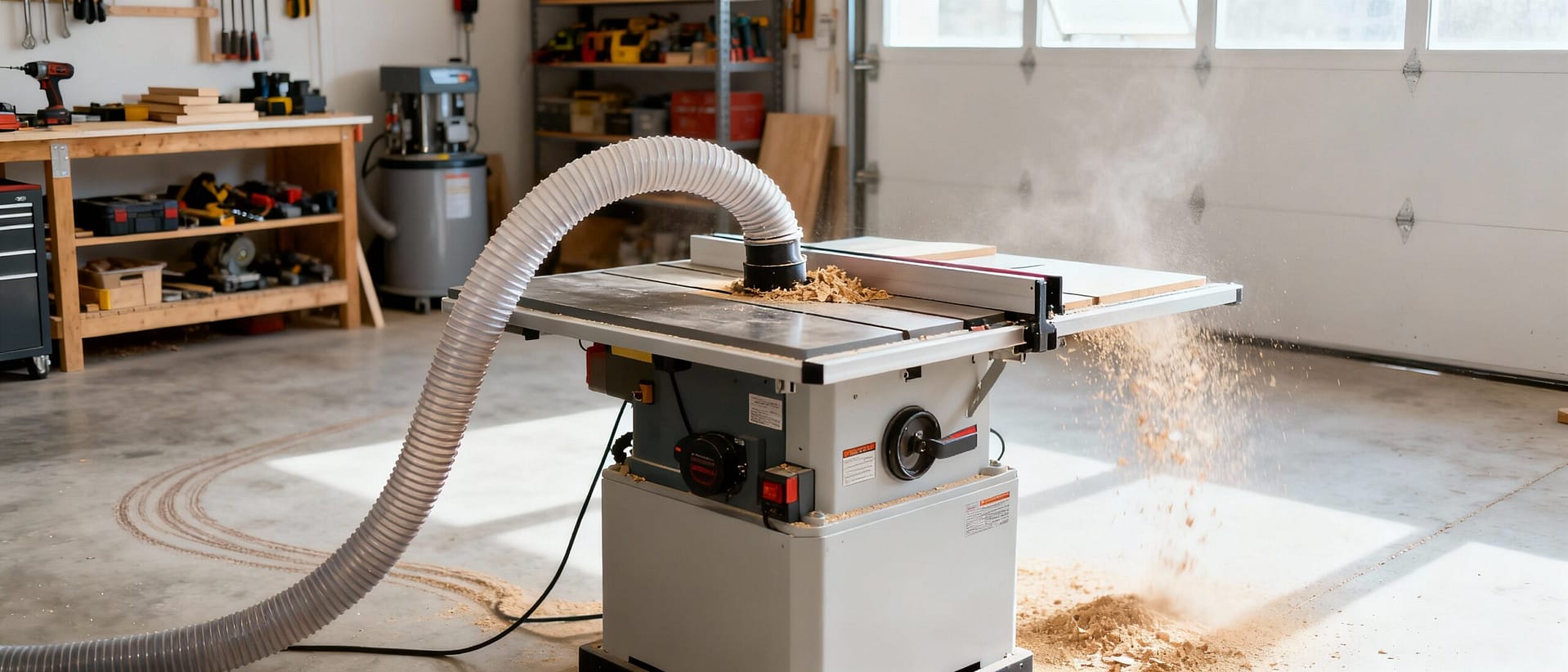 Effective workshop dust collection system capturing sawdust during table saw operation in a small woodworking space.