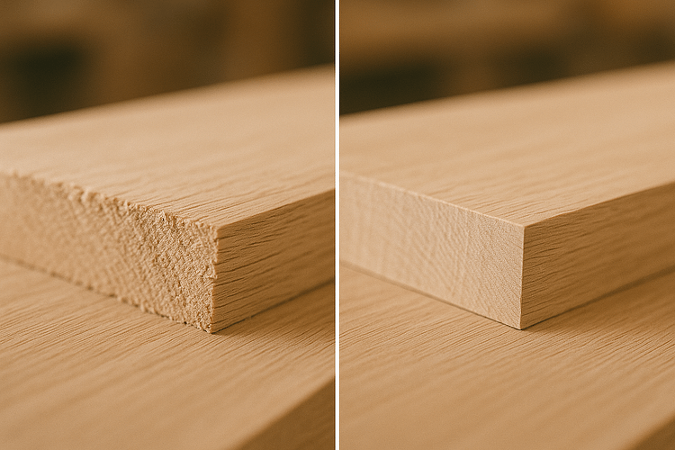 Table saw guide results: poor crosscut vs professional quality dead-square crosscut Table saw guide results: poor crosscut vs professional quality dead-square crosscut