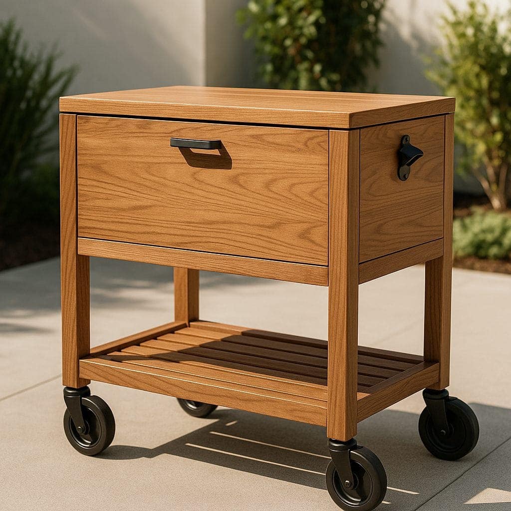 A high-end, handmade teak wood rolling serving cart with a pitcher of iced tea, sitting on a slate patio during a warm sunset. The design is modern and organic.