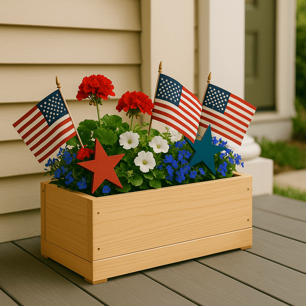 Finished wooden planter box filled with red, white, and blue flowers and small American flags, displayed on a front porch in natural light.