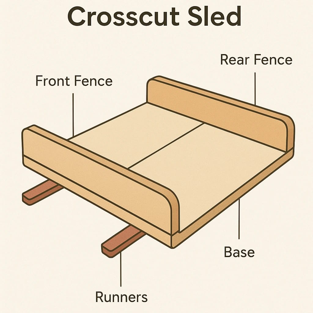 Labeled diagram showing the parts of a crosscut sled: base, front fence, rear fence, and runners.