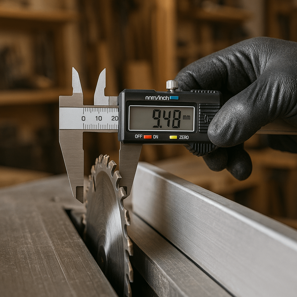 Table saw tune up checklist for beginners showing blade alignment measurement