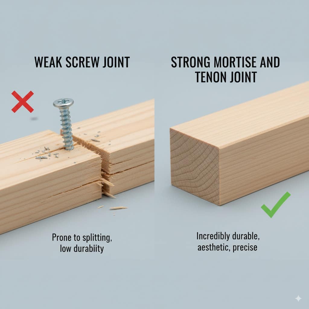 Wood joinery for beginners comparison showing weak screw joint versus strong mortise and tenon joint demonstrating quality difference