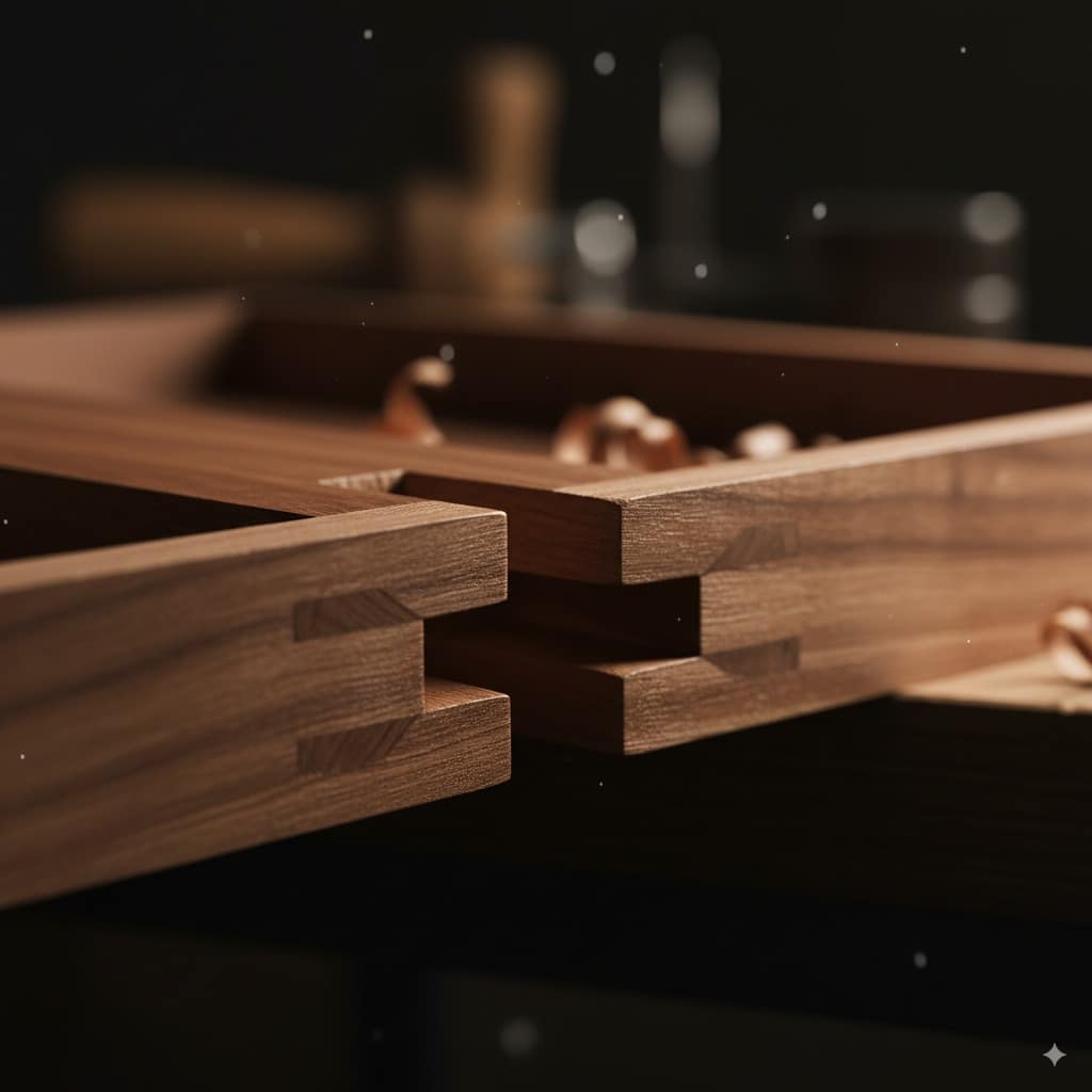 Wood joinery for beginners macro photograph showing hand-cut dovetail joint craftsmanship with dramatic lighting highlighting precision