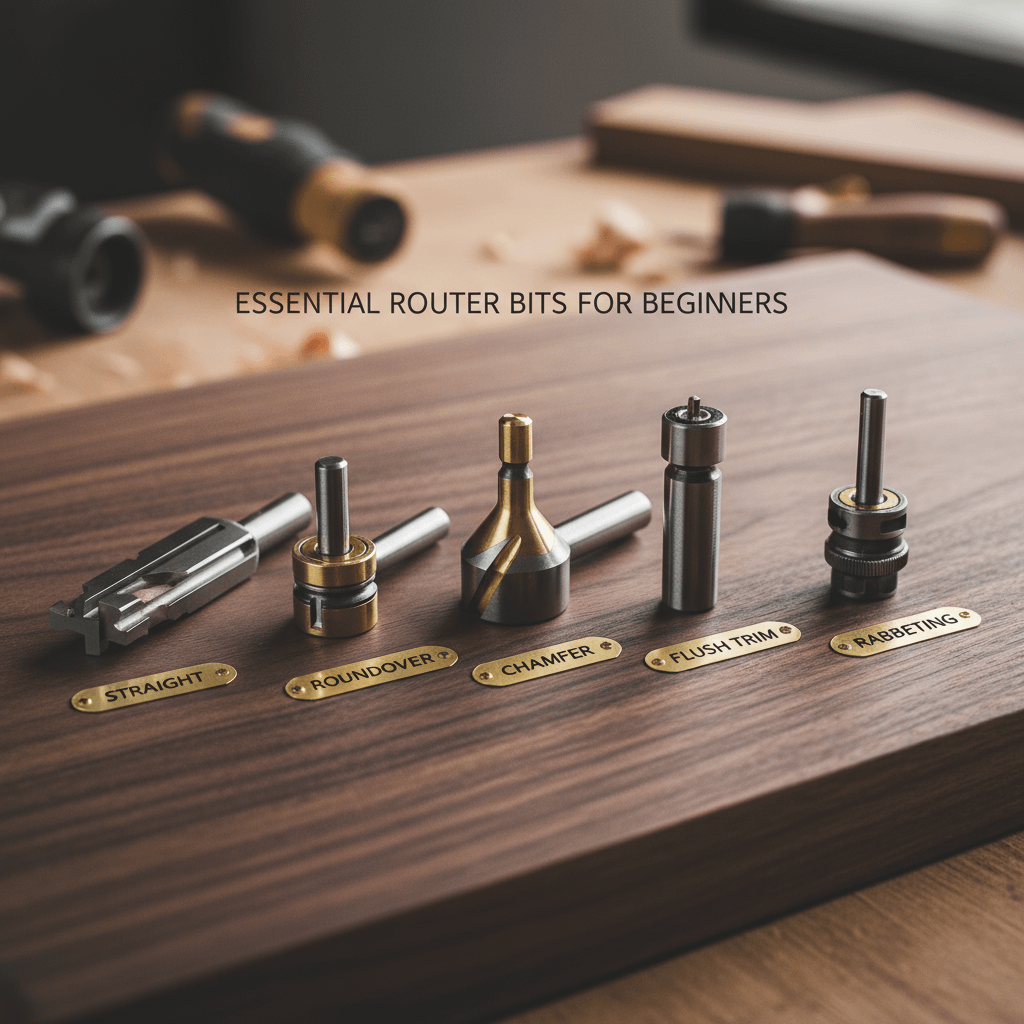 Essential router bits for beginners — straight, roundover, chamfer, flush trim, rabbeting — displayed on walnut for visual reference.