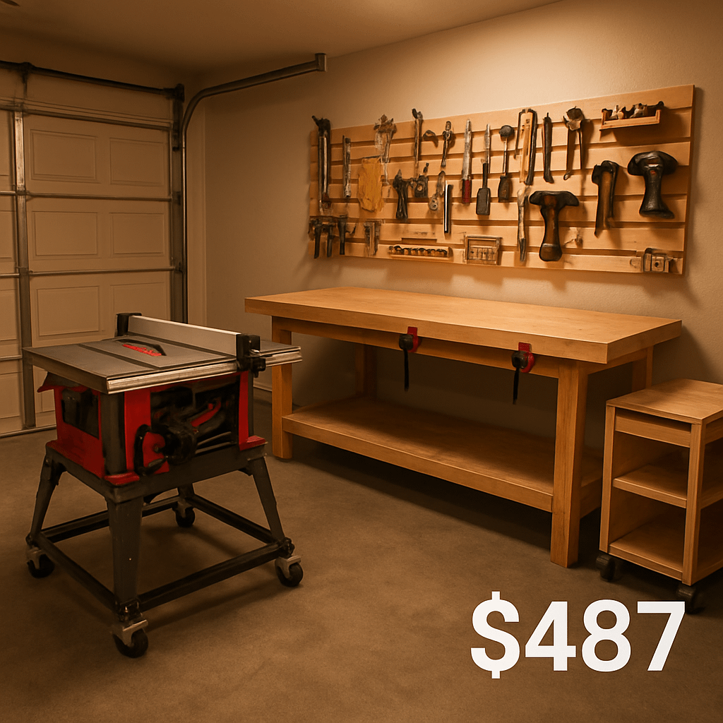 Workshop setup budget under $500 — complete beginner woodworking workshop in a one-car garage with mobile bases and vertical storage.