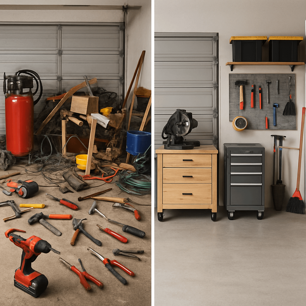 Workshop setup budget before and after — cluttered garage transformed into functional $500 woodworking space.