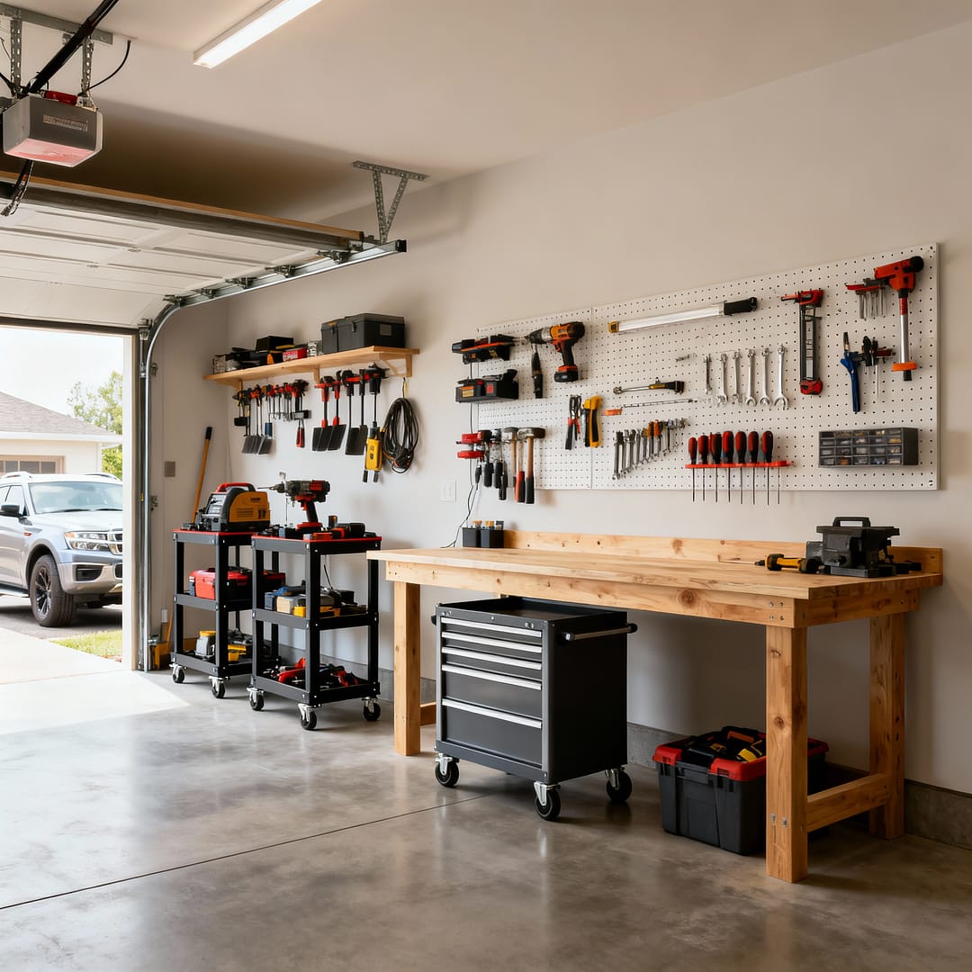 Small workshop organization ideas — efficient garage workshop layout under 200 sq ft with mobile bases and vertical storage.