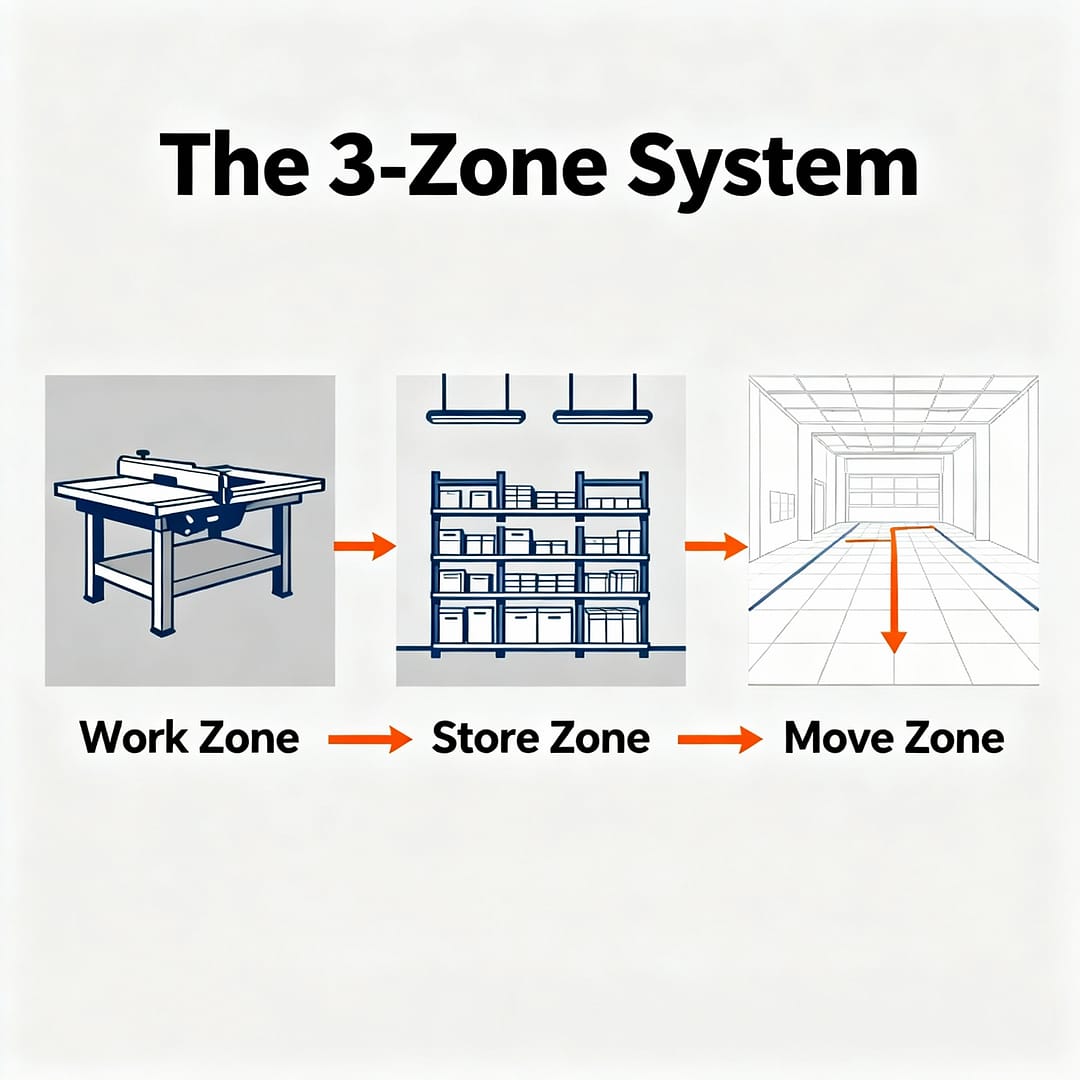The 3-Zone System for small workshop organization — Work, Store, Move zones for efficient garage workshop layout.