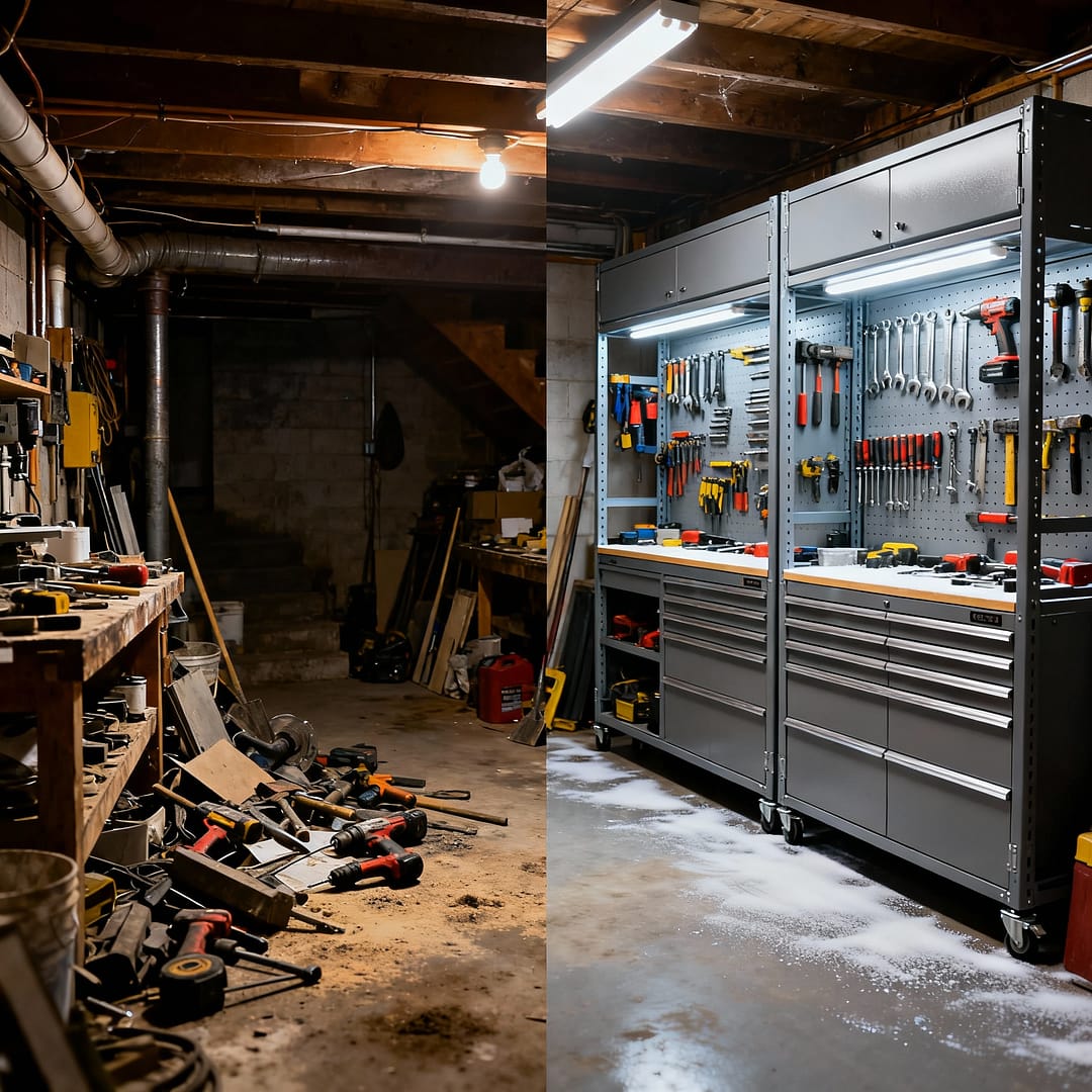 Small workshop organization before and after — cluttered basement transformed into efficient woodworking space with 3-Zone System.