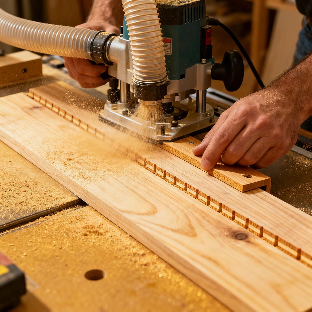 DIY router table plans in action — cutting a perfect dado in hardwood with dust collection and featherboard.
