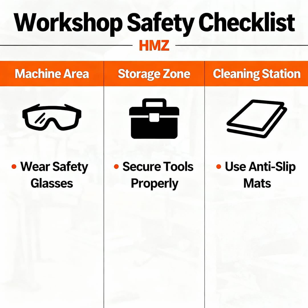 Woodworking shop safety checklist — 3-zone system with key safety protocols for each area.