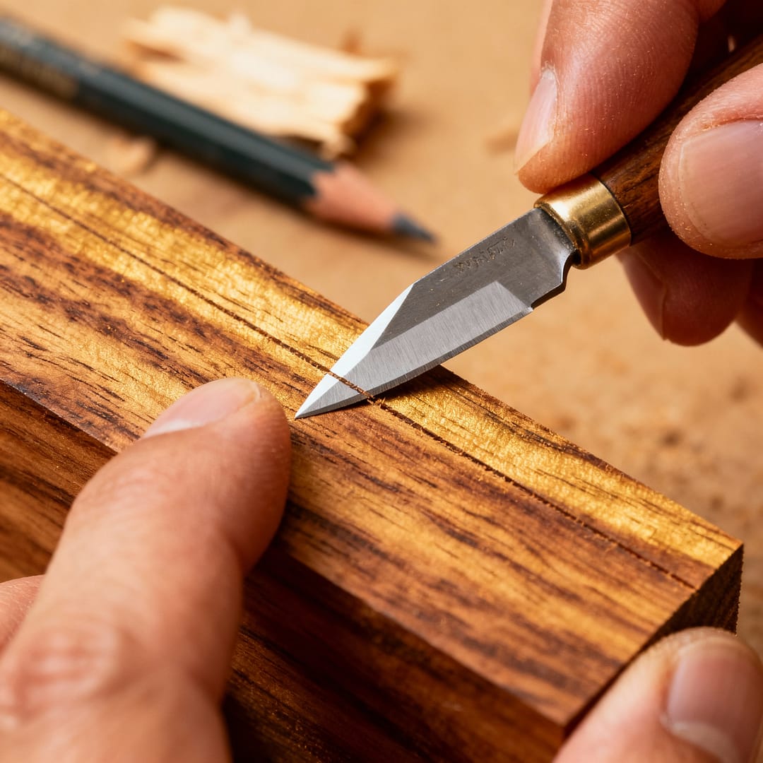 Woodworking mistakes beginners make — using a sharp knife for precise marking vs dull pencil that causes measuring errors.