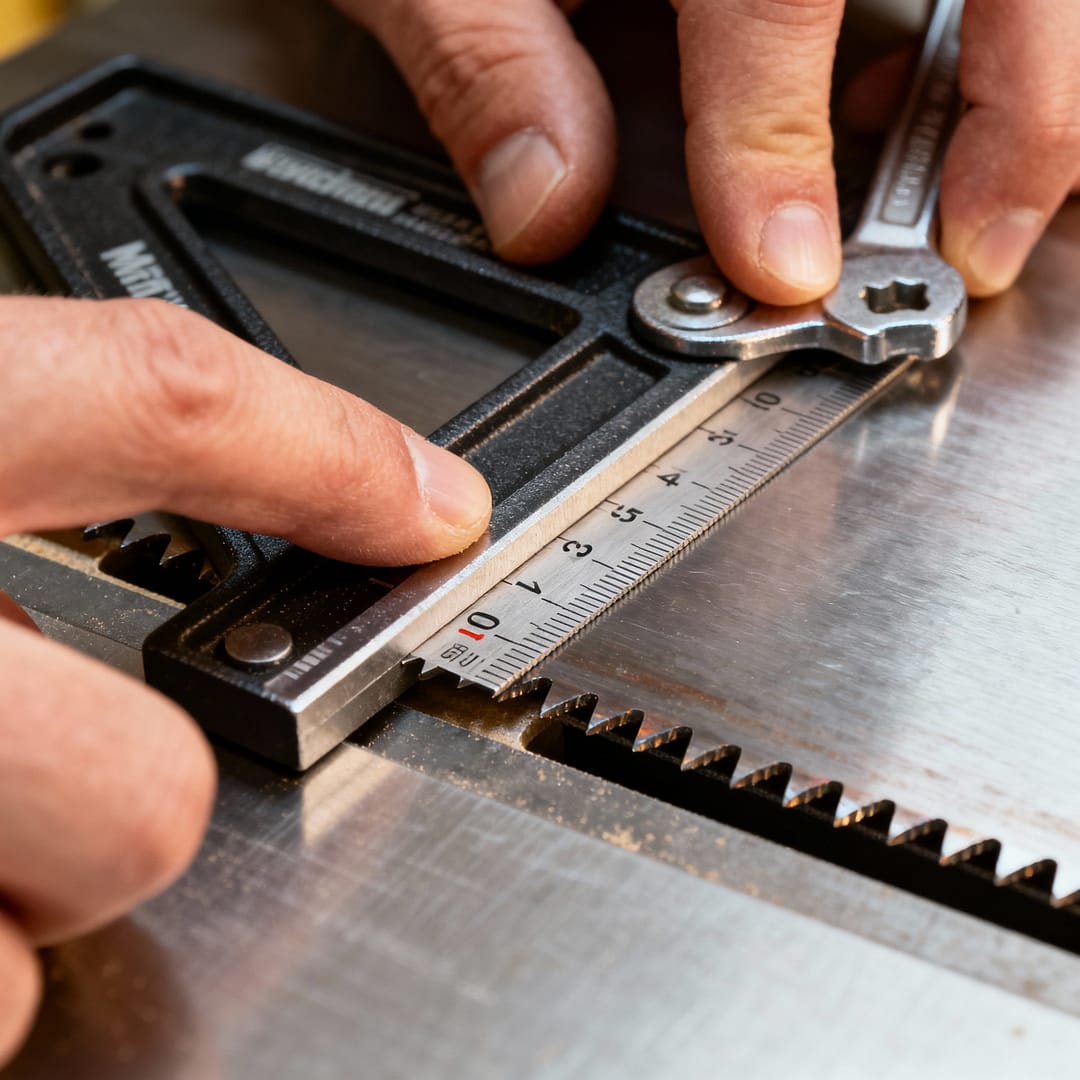 Table saw setup guide — aligning table saw blade using the one-wrench method with combination square and marked tooth.