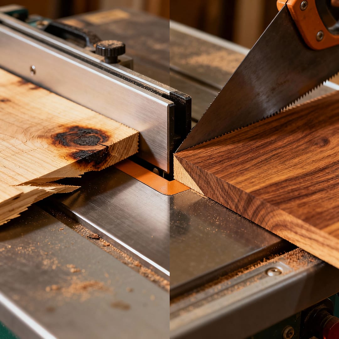 Table saw setup guide — before and after tuning shows dramatic improvement in cut quality and accuracy.