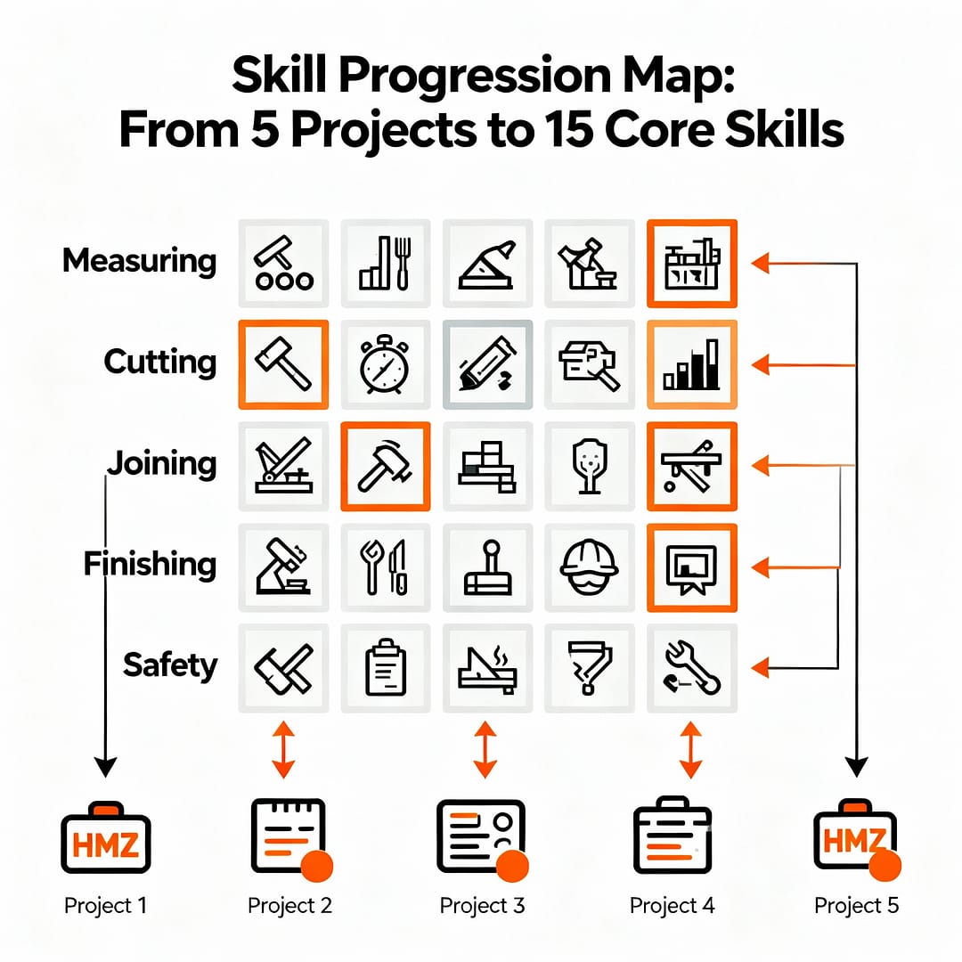 First woodworking project skill map — 5 beginner builds that teach 15 essential woodworking skills.