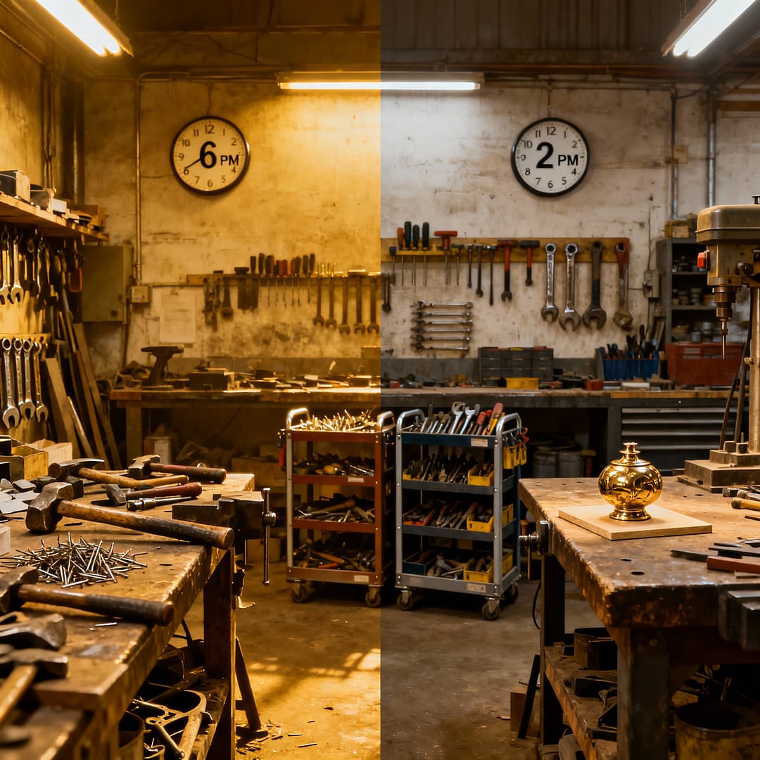 Workshop efficiency tips before and after — same project completed in half the time with better organization and workflow.
