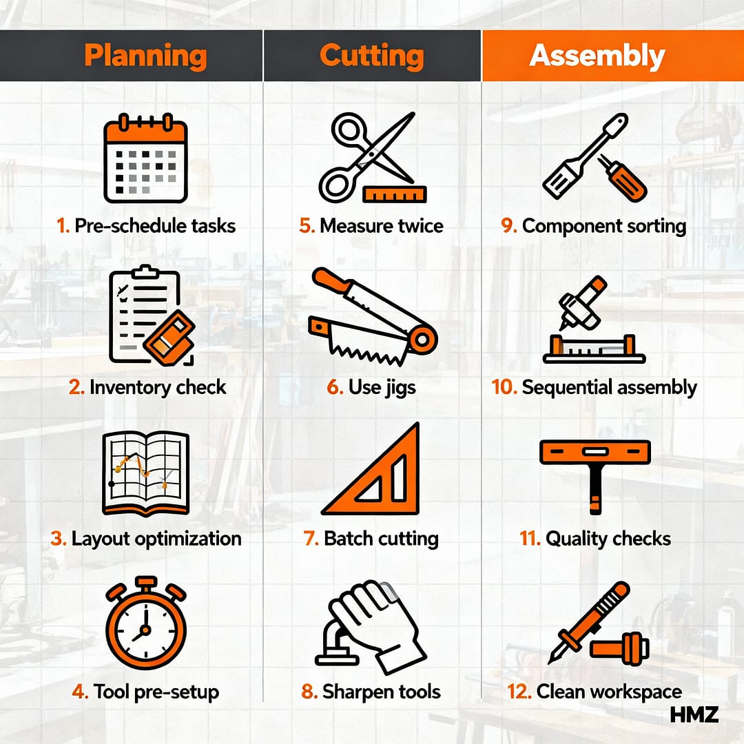 Workshop efficiency tips infographic — 12 pro strategies for doubling woodworking productivity
