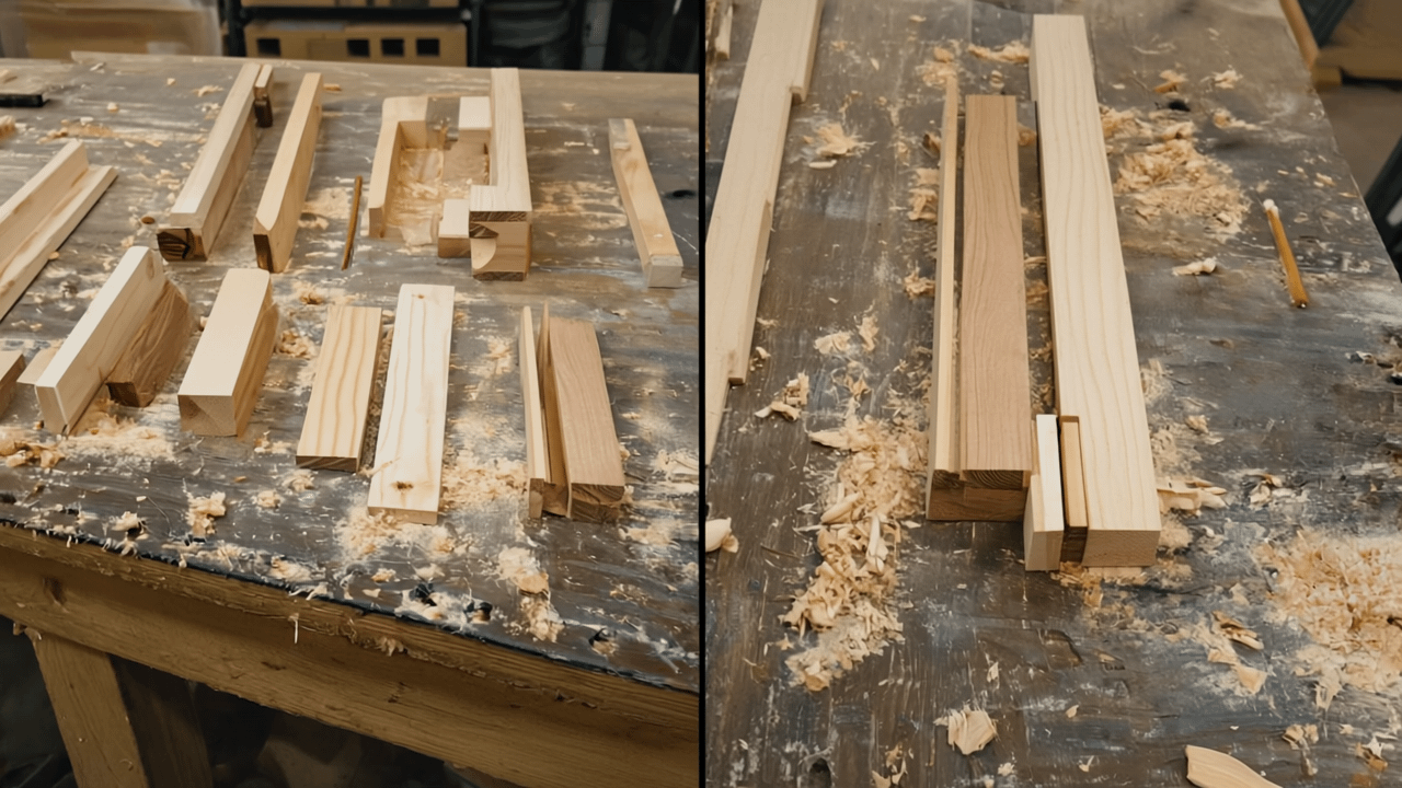 Before and after comparison showing common woodworking mistakes vs proper joint technique