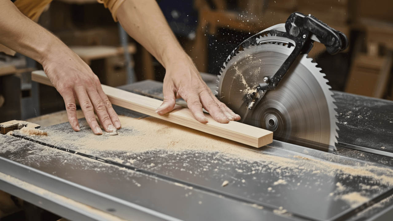 lose-up of hands positioned correctly while feeding wood through table saw, emphasizing safe distance from blade