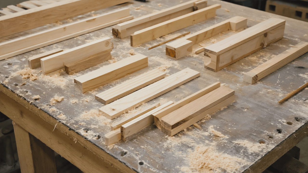 Common woodworking mistakes shown in collection of ruined wood pieces with visible defects