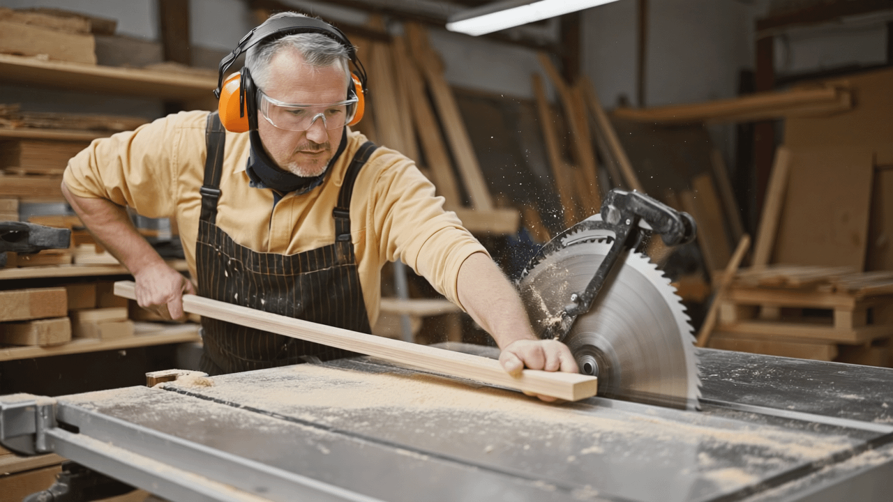 Table saw safety tips demonstration with professional woodworker using proper push stick technique, safety glasses and hearing protection visible