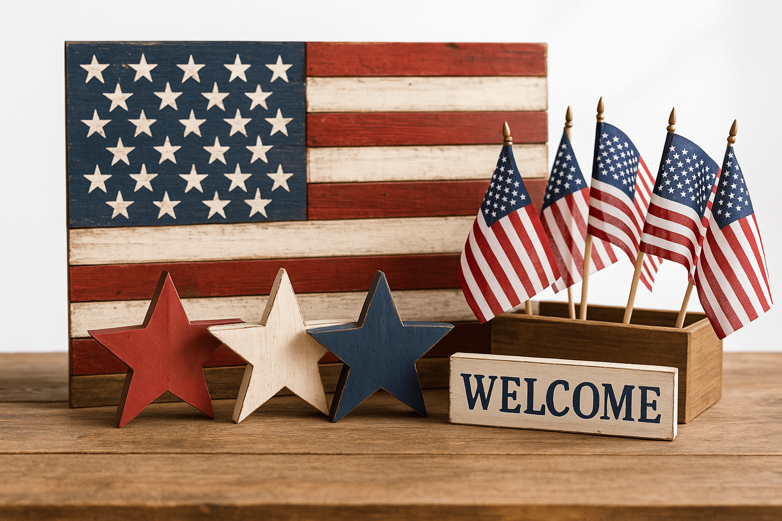 Patriotic woodworking projects - DIY wooden American flag and star wall art displayed on porch for 4th of July