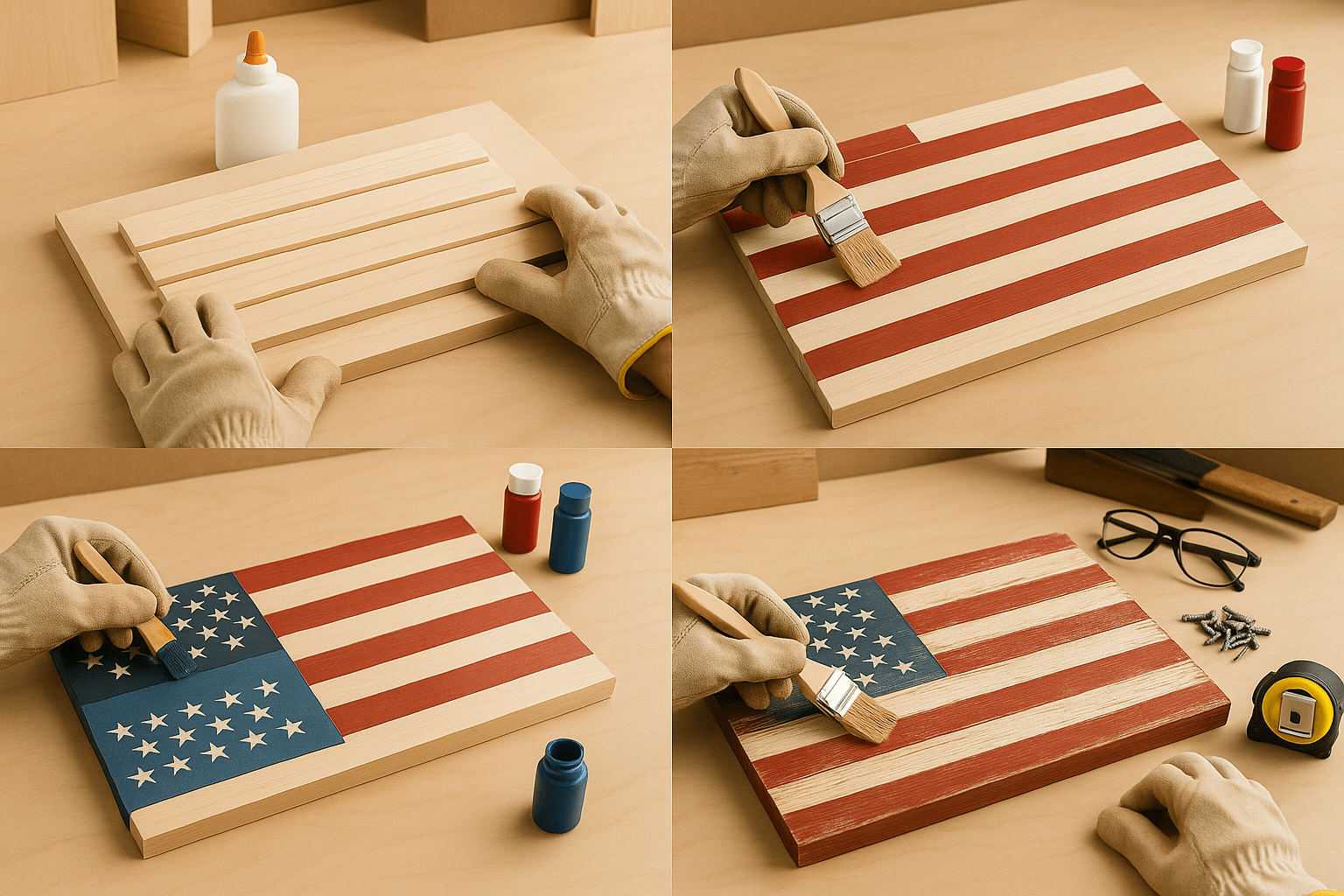 Hands with work gloves assembling and painting a rustic wooden American flag in a well-lit workshop.