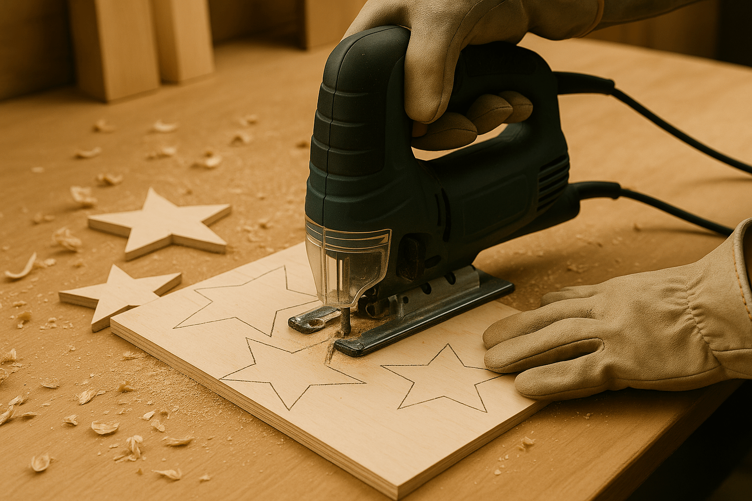 Beautifully arranged wooden patriotic decorations on a rustic table, including a distressed American flag, red, white, and blue wooden stars, a planter with flags, and a welcome sign.