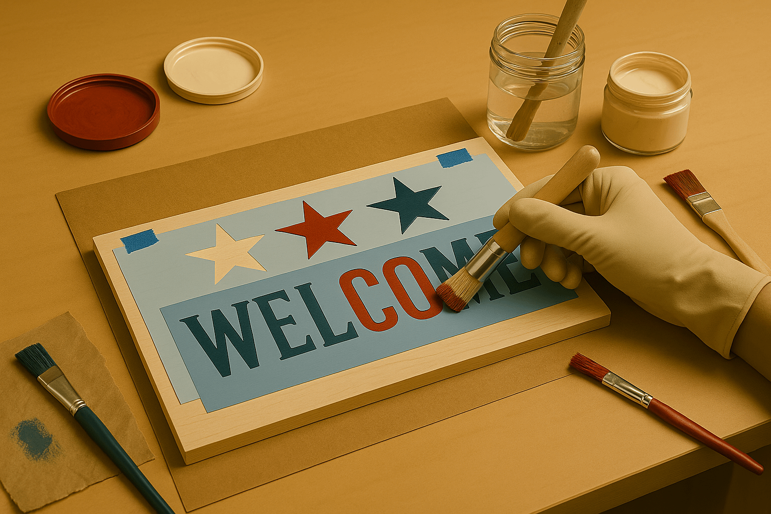 Hands painting and stenciling a wooden welcome sign with patriotic text in a warmly lit workshop, paint brushes and supplies nearby