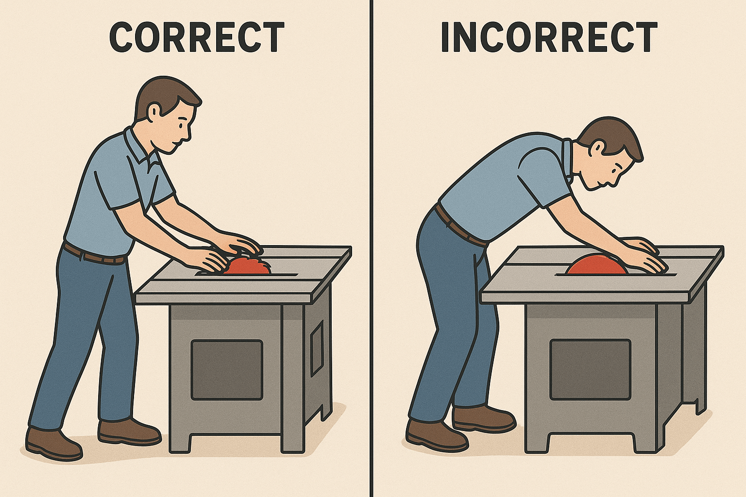 Split image showing correct vs incorrect body positioning while using table saw, educational diagram style