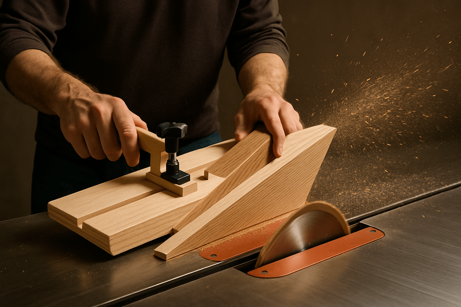 Woodworker using DIY table saw jigs for precise cuts on oak board with tapering jig setup