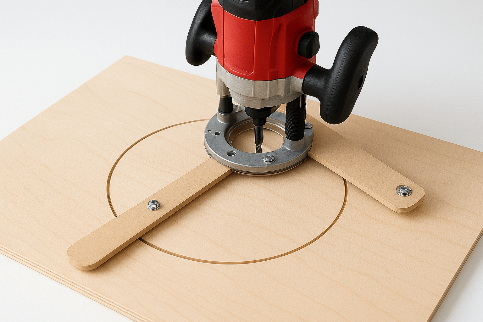 Simple router jigs in action - DIY circle cutting jig creating perfect round cuts in Baltic birch plywood with precision routing