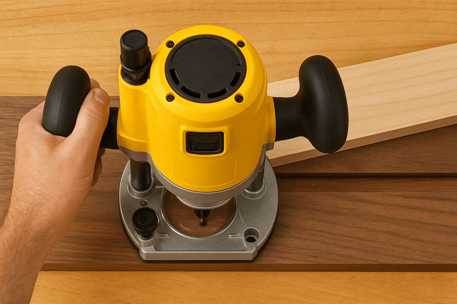 Simple router jigs for straight cuts - router with guide jig cutting perfect dado in walnut wood showing professional precision