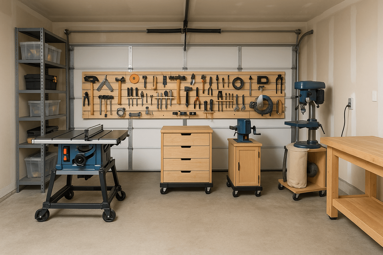 Small woodworking shop layout ideas in action — organized garage workshop with mobile bases and French cleat system.