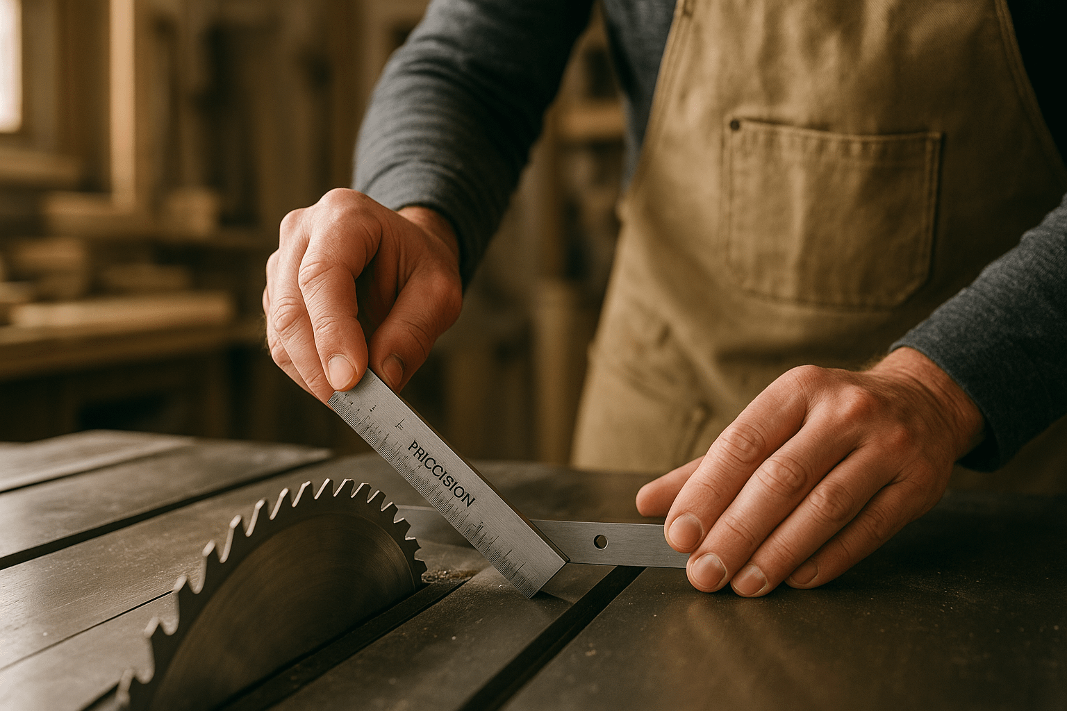 Table saw guide showing precision square measuring blade angle for proper alignment