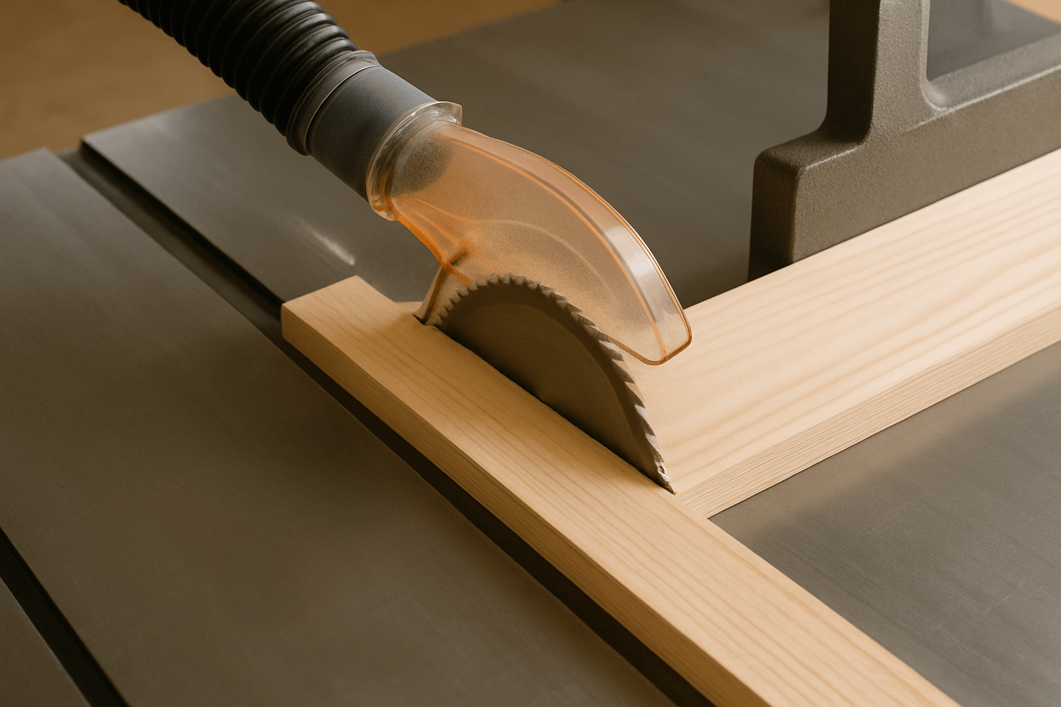 Close-up of hands-free table saw operation: a straight pine board being fed smoothly through a stationary table saw blade, guided firmly against a cast-iron fence. Dust collection hose attached to the blade guard, pulling away fine sawdust. Blade is sharp and clean, no smoke or burn marks visible. Table surface is waxed and debris-free. No human hands or body parts in frame—only wood, fence, blade, and tooling. Shot from a slight angle to show feed direction and table geometry.