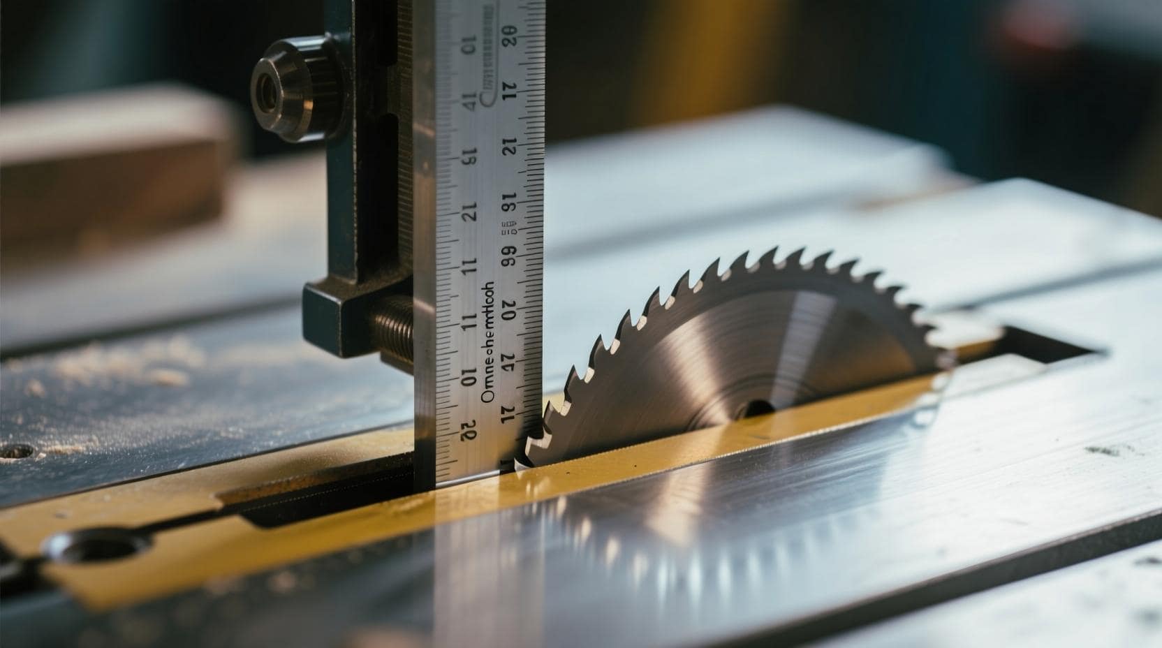 Close-up of combination square measuring table saw blade alignment without dial indicator — tooth marked with pencil