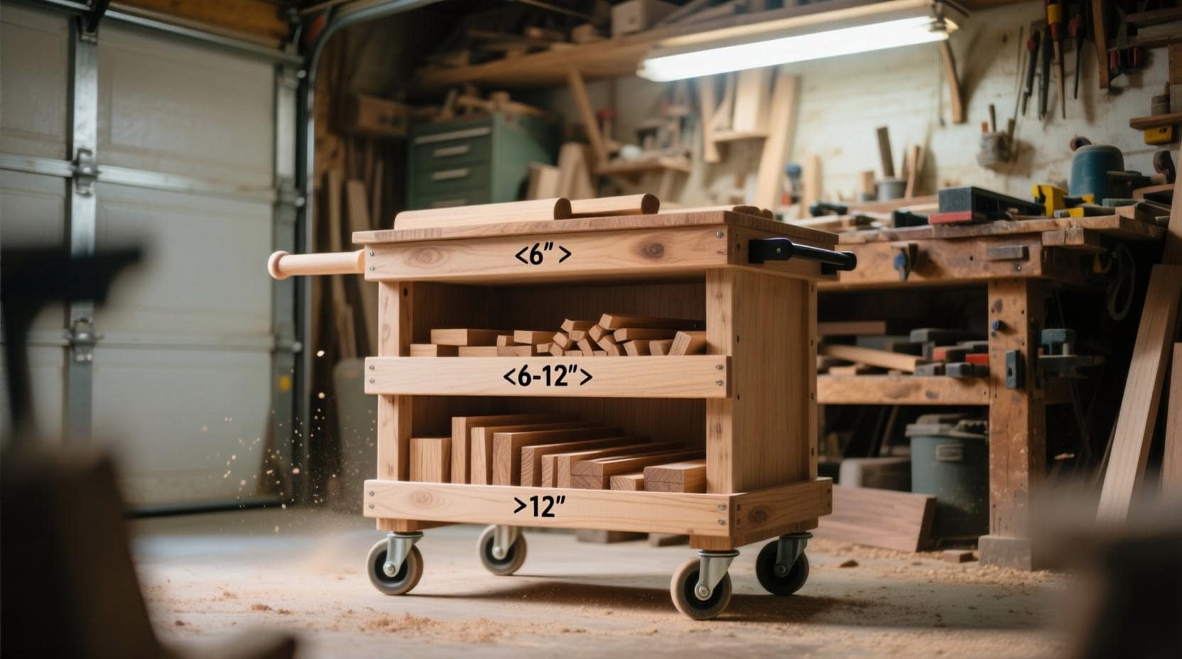 Rolling scrap wood cart — space-saving DIY tool storage for small workshops.