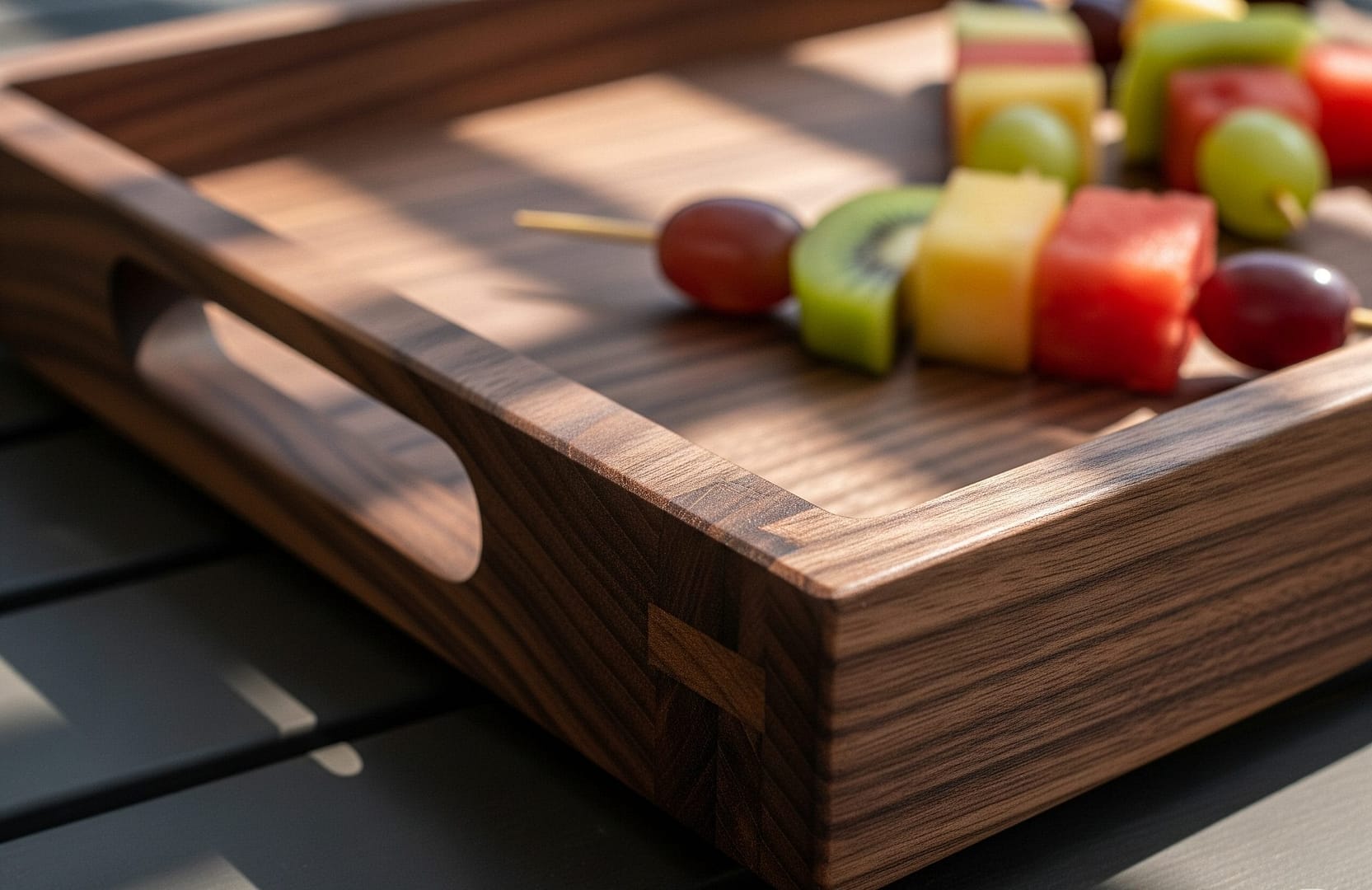 A detailed close-up of the expert joinery on a dark walnut wood serving tray, showcasing high-end craftsmanship for a modern organic home.