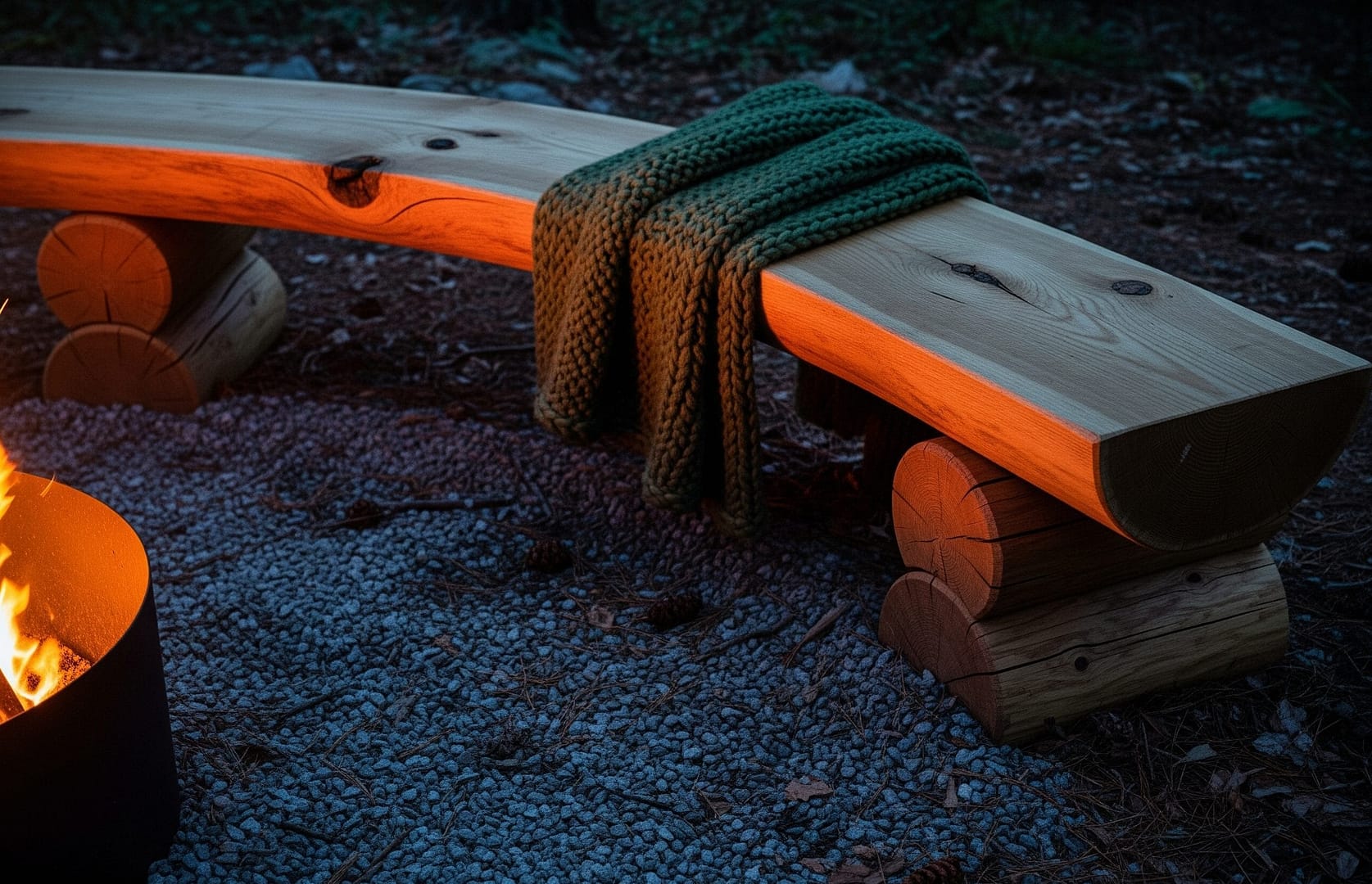 A circular, portable wooden bench with clean lines and natural wood, designed for comfortable seating around an outdoor fire pit.