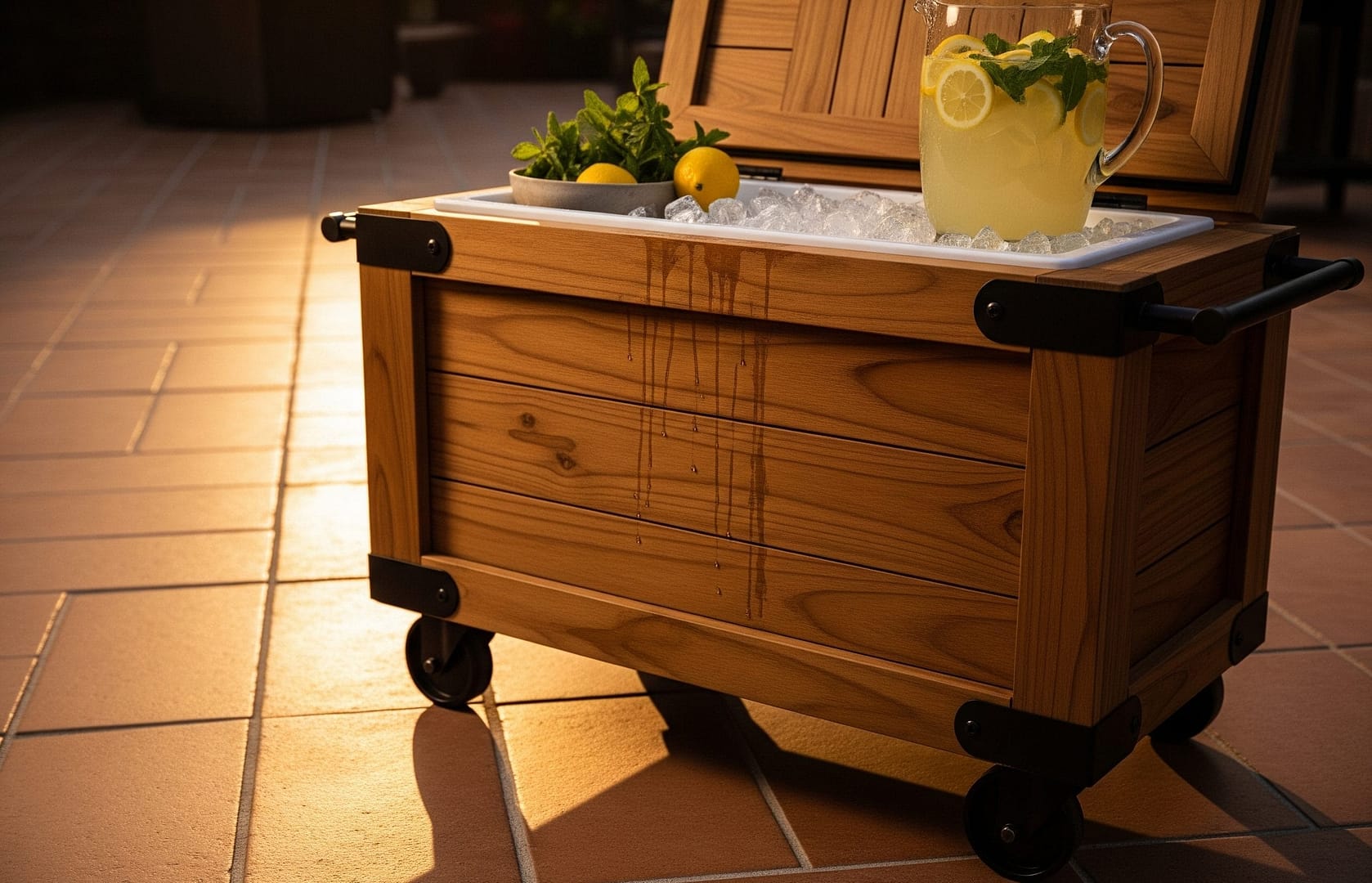 A sleek, handmade wooden rolling cooler cart with clean lines, ideal for outdoor entertaining, featuring natural wood and functional wheels.