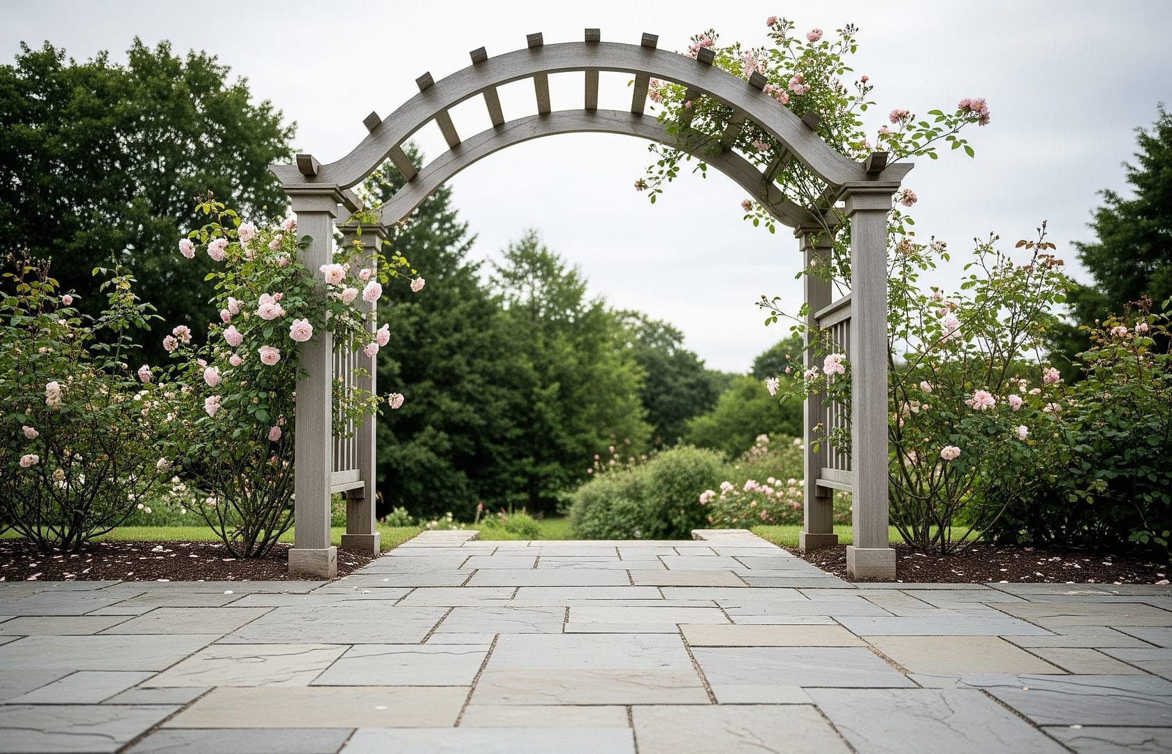 An elegant wooden garden arbor with clean lines and natural wood, supporting climbing roses, enhancing a modern organic garden landscape.