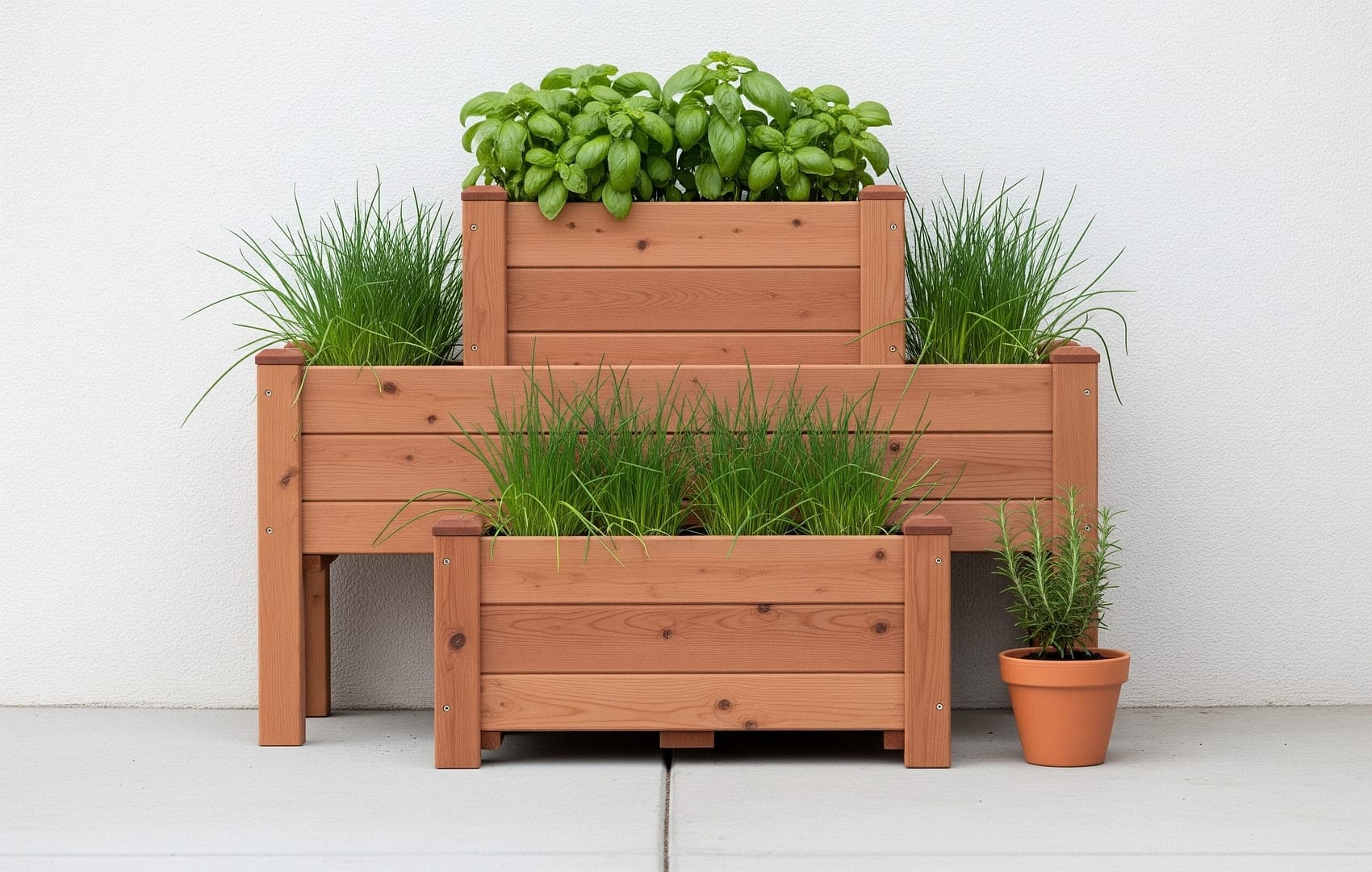 A multi-tiered wooden herb planter box with clean lines and natural wood, used as a vertical garden for fresh herbs.