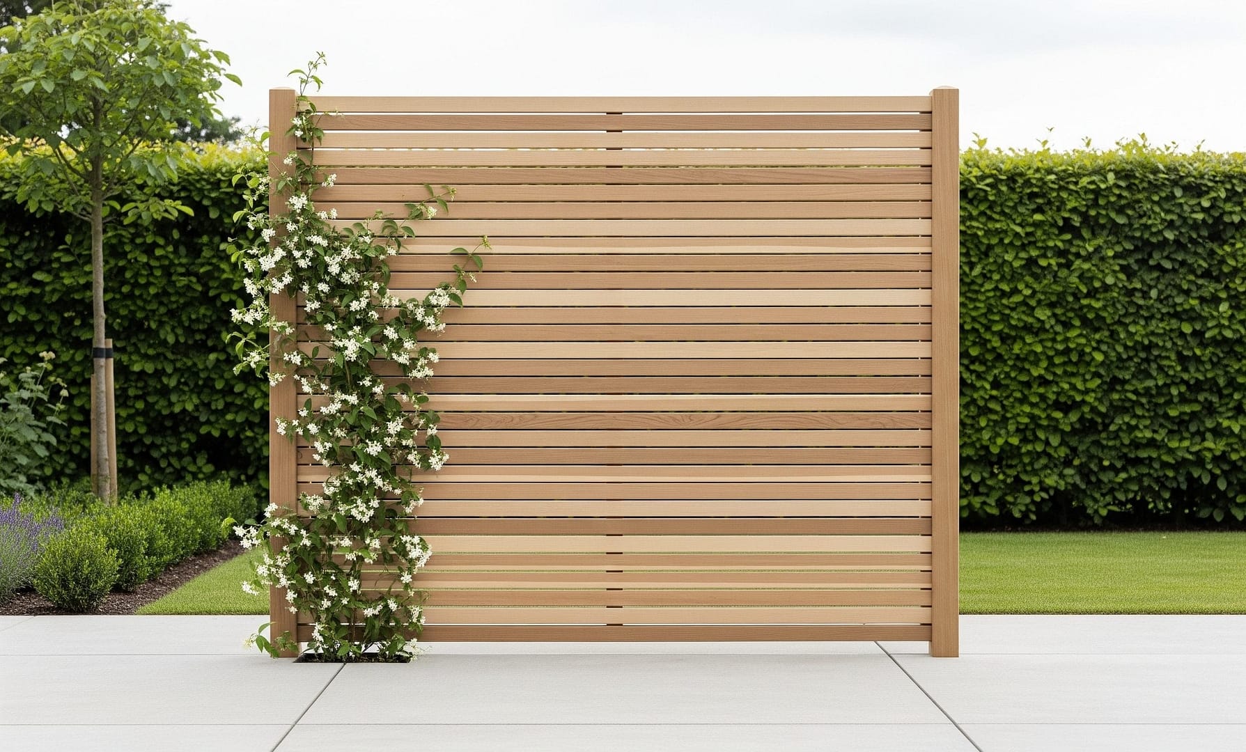 A stylish wooden privacy screen with clean lines and natural wood, supporting climbing plants, designed for modern organic outdoor living spaces.
