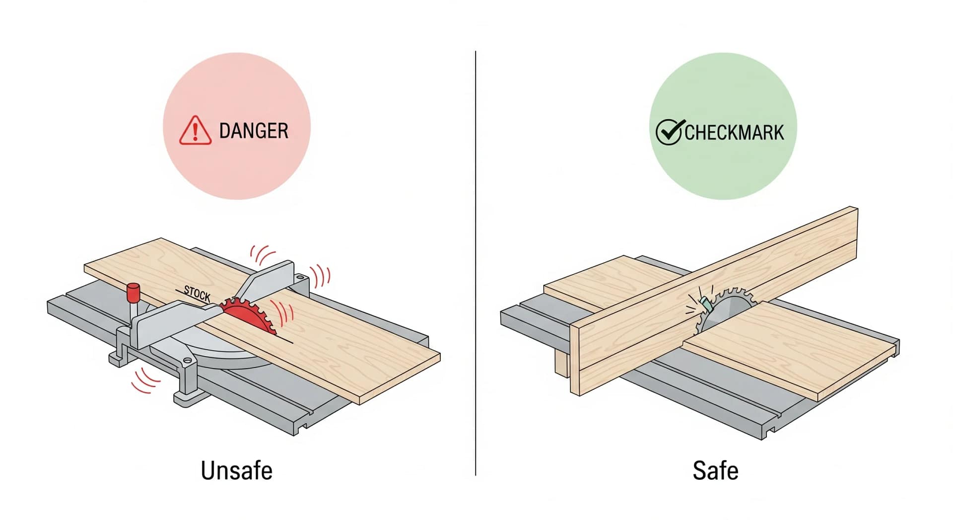Diagram comparing a wobbly miter gauge cut (danger) to a stable crosscut sled cut (perfect), highlighting table saw accuracy.