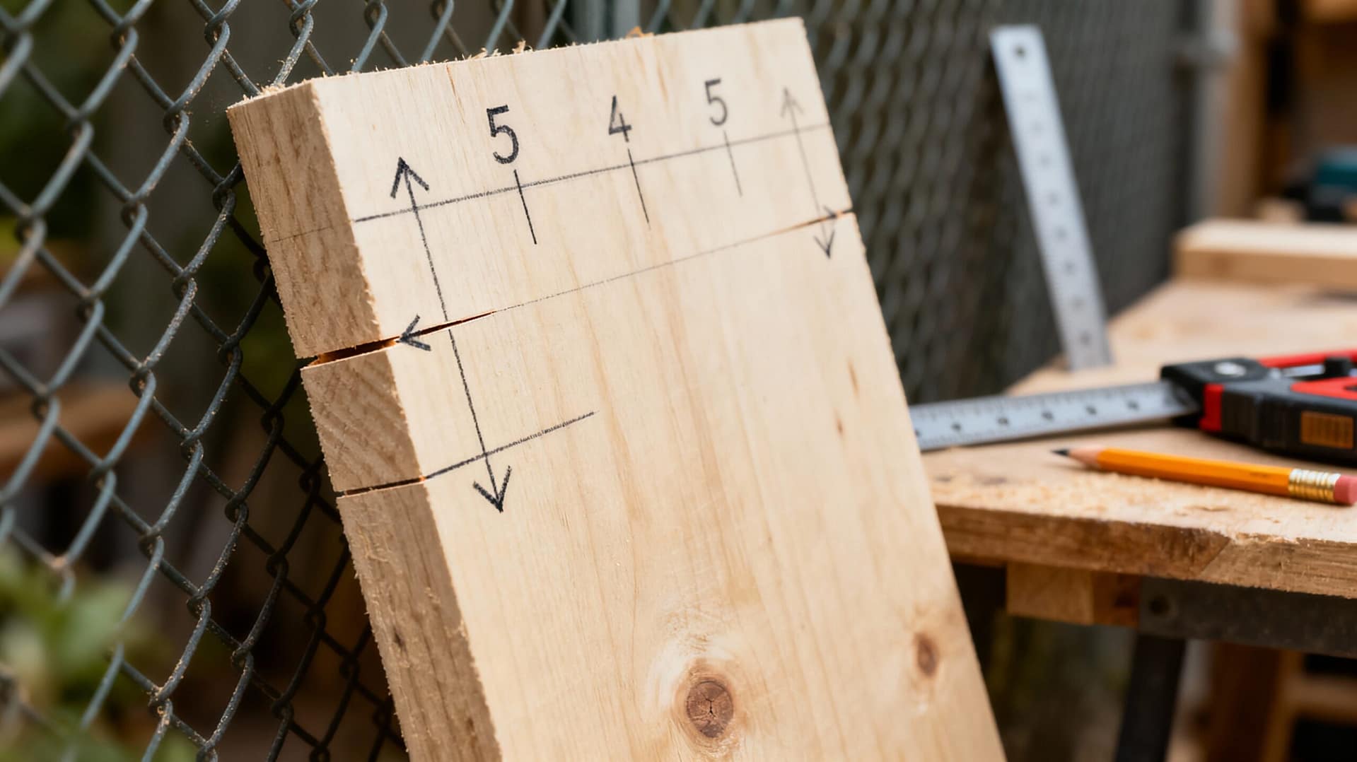 Close-up hands-free shot of the 5-cut alignment method in progress. A marked test board positioned against the fence with precise pencil marks visible at cut points. Measuring tools in background showing exact measurements.