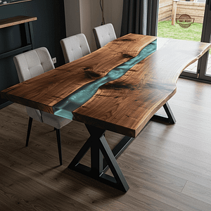 A stunning long wooden dining table with a natural live edge and a vibrant turquoise resin river inlay, complemented by a matching wooden bench. Perfect for a rustic or modern dining room.