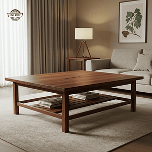 A sleek, low-profile wooden coffee table made from dark-stained wood, featuring clean lines and a minimalist design suitable for modern living rooms.