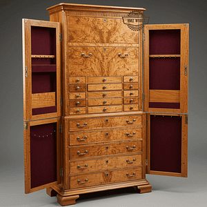 A large, custom-built wooden bookshelf and storage cabinet featuring open shelving on one side and closed compartments with striking red-paneled doors. An ideal solution for home organization.